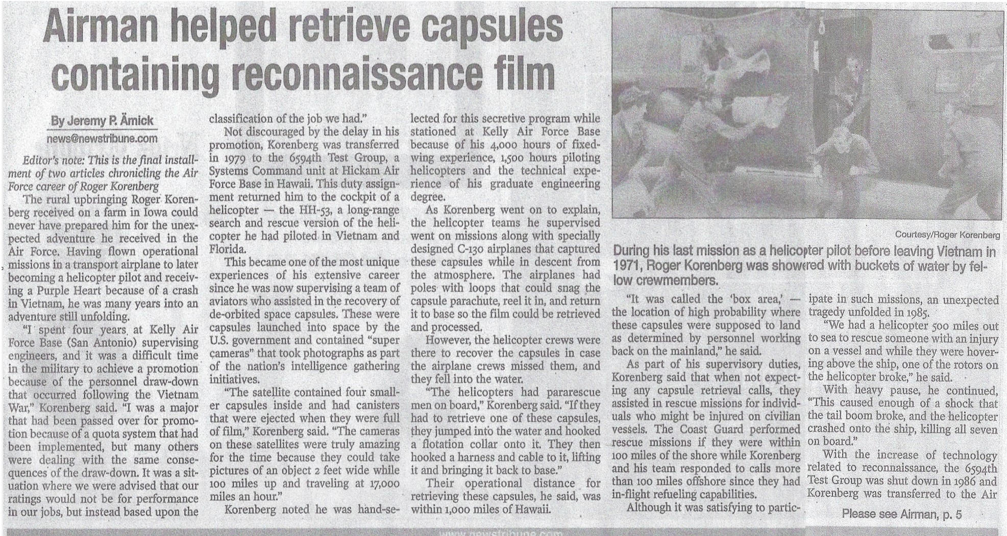News article: Airman helped retrieve capsules containing reconnaissance film, page 1